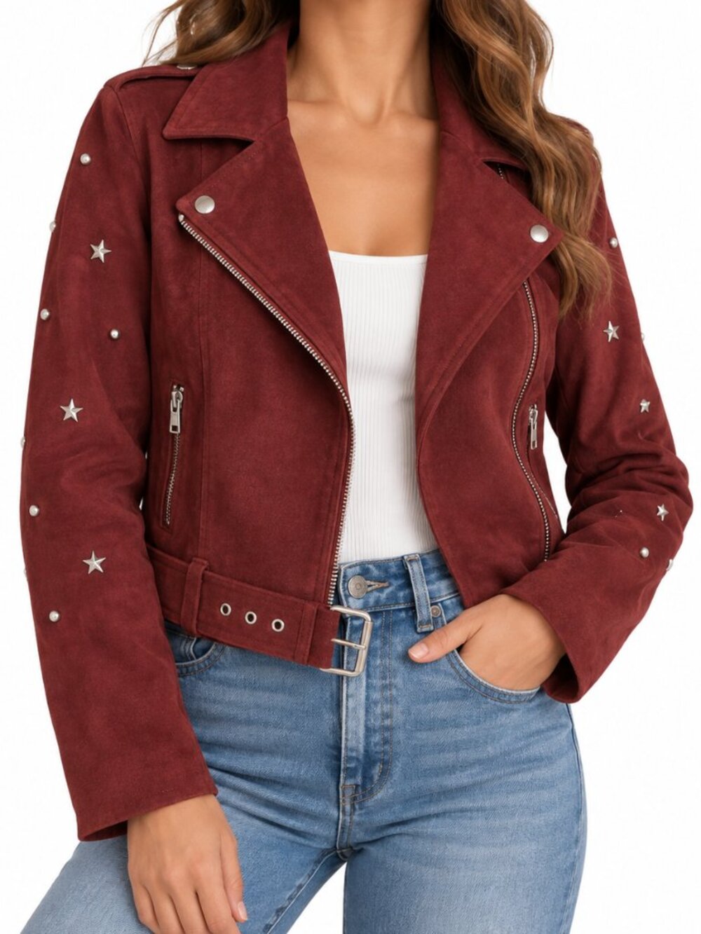 BB Dakota Faux Suede Studded Moto Jacket Burgundy Medium